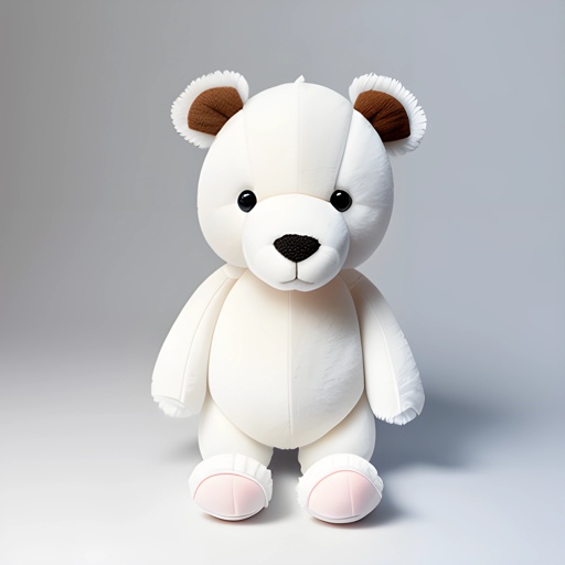 a white teddy bear with brown ears and a black nose