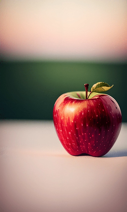 a red apple with a leaf on it sitting on a table