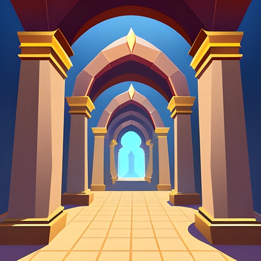 a cartoon image of a hallway with arches and pillars