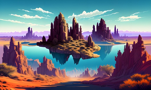 a digital painting of a desert landscape with a lake