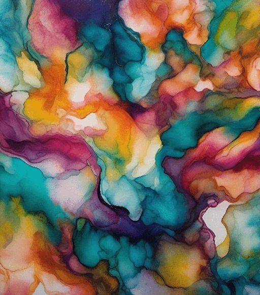 abstract painting of colorful fluid paint on canvas with a white background