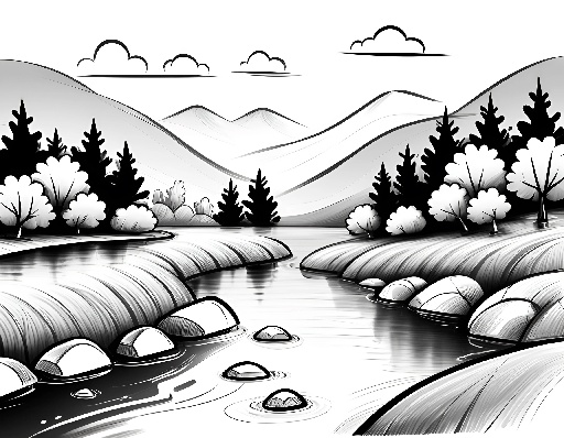a black and white drawing of a river with trees and rocks