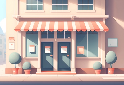 illustration of a store front with a red awning and two potted plants