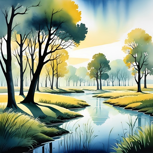 painting of a river running through a lush green forest