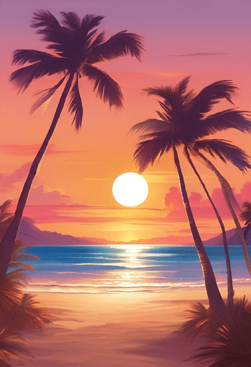 sunset on the beach with palm trees and a beach chair