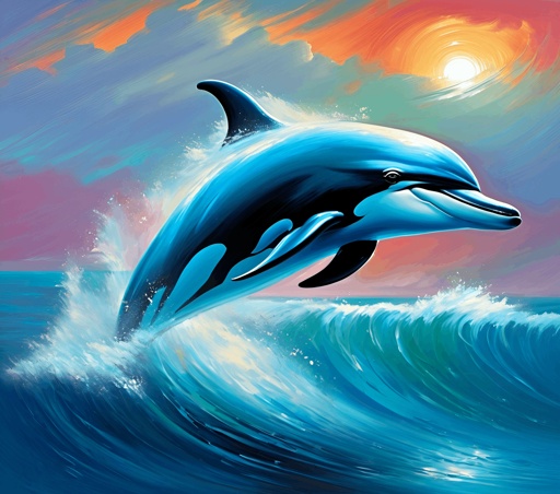 painting of a dolphin jumping out of the water at sunset