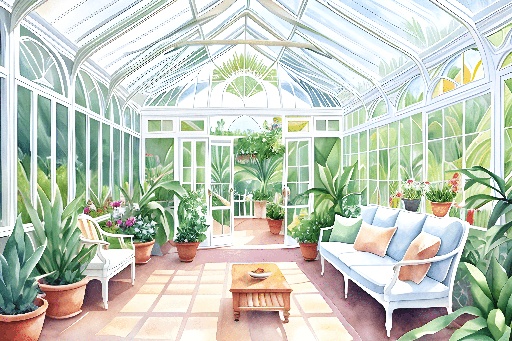 a painting of a sun room with a couch and a table