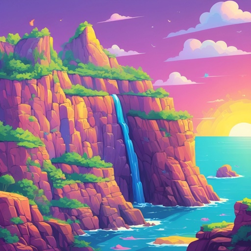 cartoon landscape of a waterfall and a cliff with a sunset