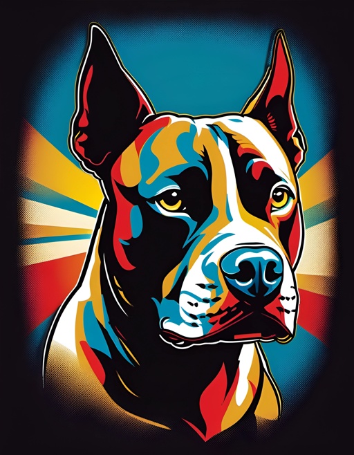 brightly colored dog portrait on a black background with sunburst