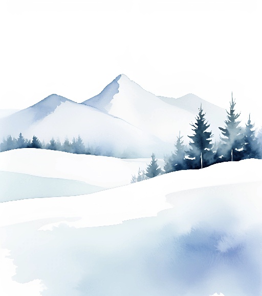 a painting of a snowy mountain with trees in the foreground