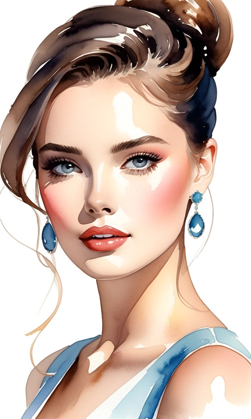 a close up of a woman with a blue dress and earrings