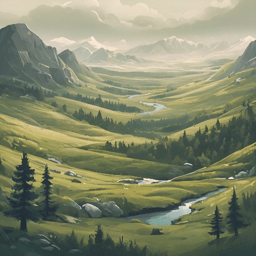a painting of a valley with a river running through it