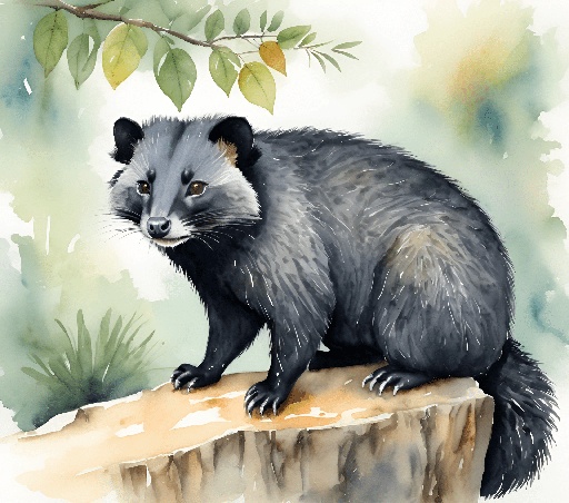 painting of a black and white animal sitting on a tree stump