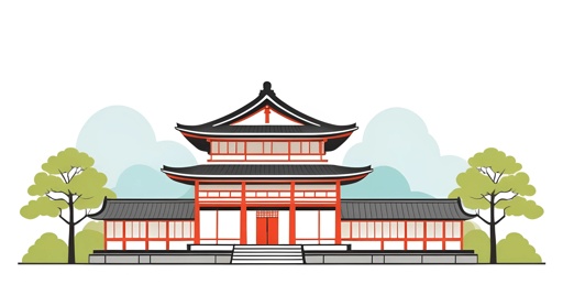 a cartoon of a japanese building with a red door and a tree
