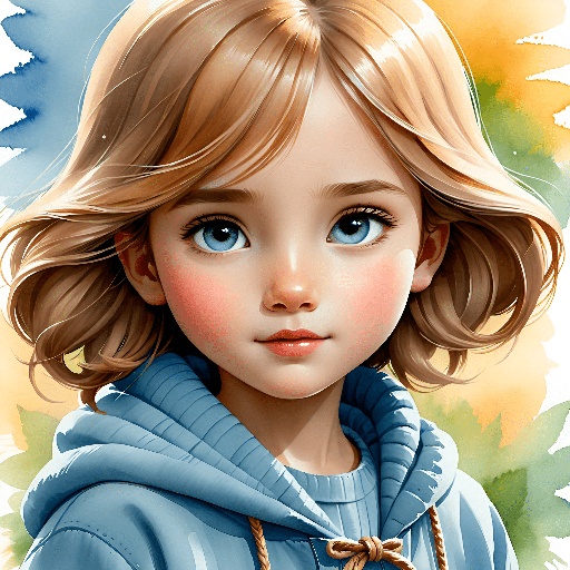 a painting of a little girl with a blue hoodie