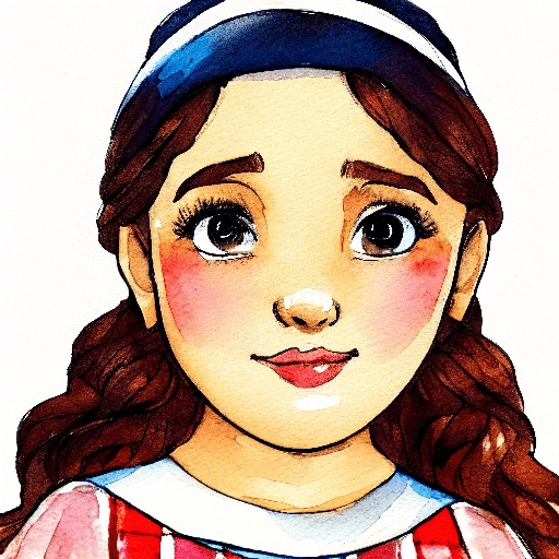 a watercolor painting of a girl with a red and white dress