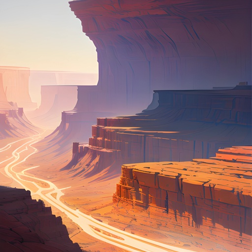 a digital painting of a desert landscape with a train going through it