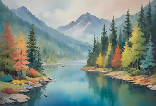 painting of a mountain lake with a few trees and rocks