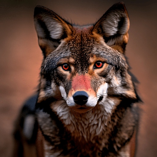 a close up of a wolf with red eyes
