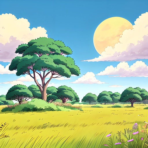 a cartoon of a field with trees and grass