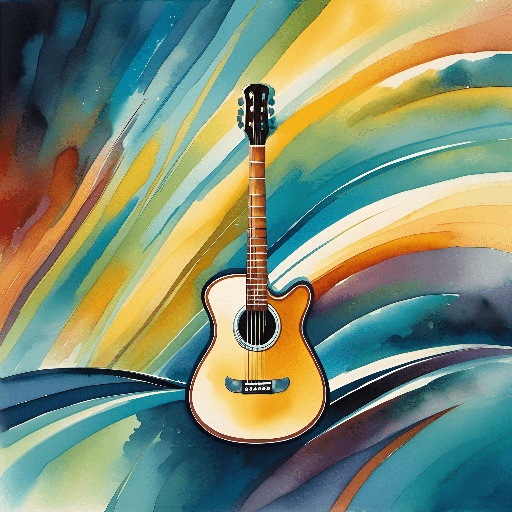 a guitar sitting on a colorful background with a wave