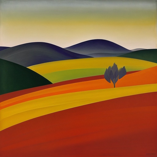 painting of a lone tree in a field of red, yellow, and green