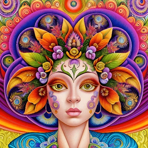 brightly colored painting of a woman with a flowered headpiece