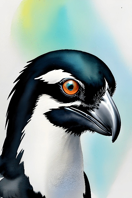painting of a bird with a black and white head and orange eyes