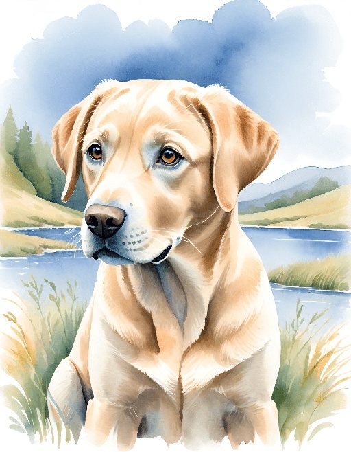 painting of a dog sitting in the grass by a lake