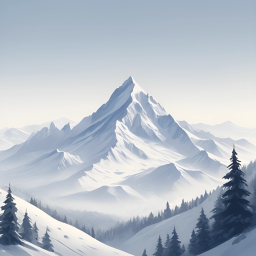 snowy mountain scene with pine trees and a lone skier