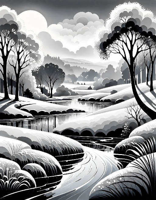 a black and white illustration of a river and trees in a snowy landscape