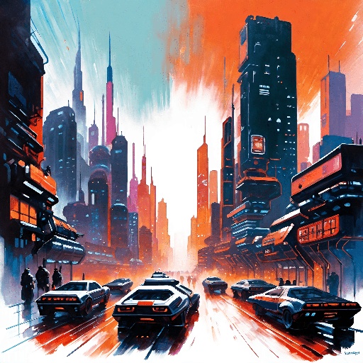 cars driving down a city street in a futuristic city