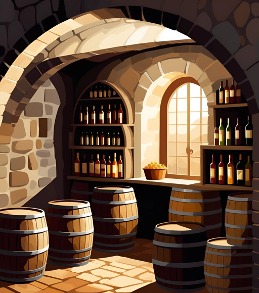 there are many wine bottles and barrels in a wine cellar