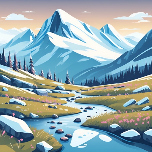 a mountain scene with a stream running through it