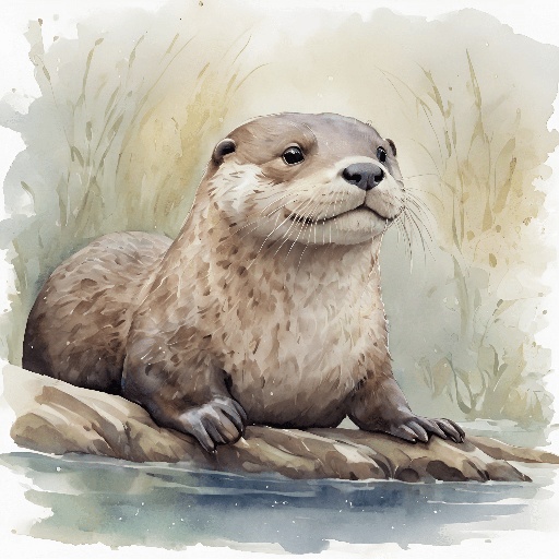a watercolor painting of a otter sitting on a rock