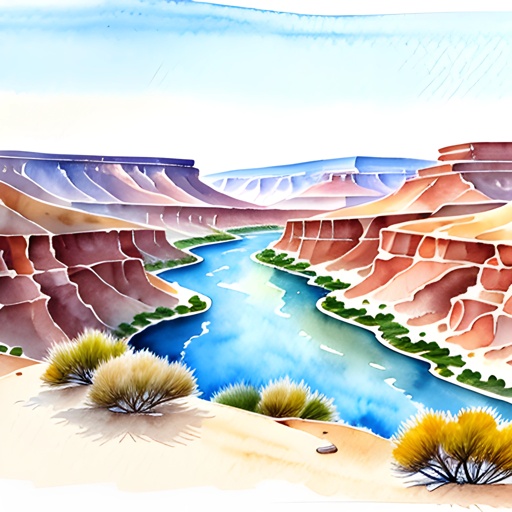 painting of a river in a canyon with a few trees