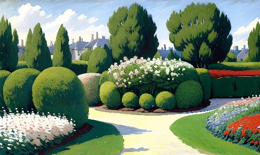 painting of a garden with a pathway and a lot of flowers