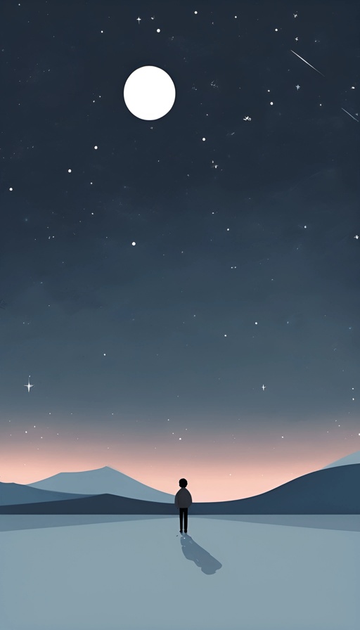 a man standing in the snow looking at the moon