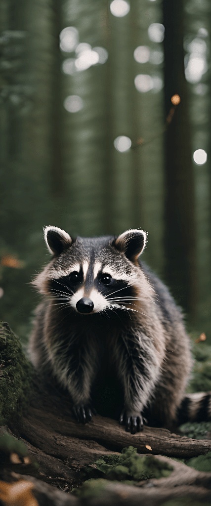 a raccoon that is sitting on a log in the woods