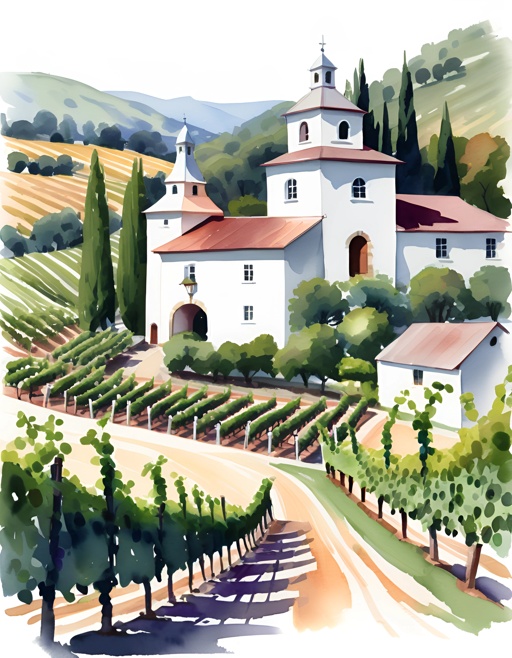 painting of a church and vineyard with a path leading to it