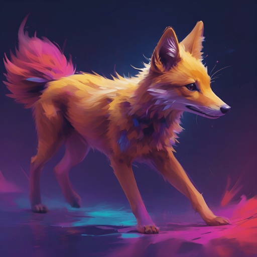 painting of a fox with a colorful tail walking on a purple background