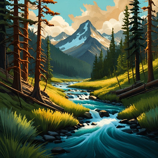 a painting of a mountain stream running through a forest