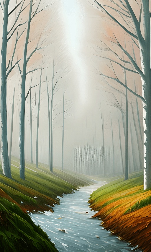 painting of a stream running through a forest with trees and grass