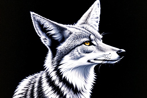 painting of a black and white fox with yellow eyes