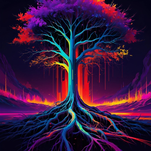 a brightly colored tree with a rainbow sky and a dark background