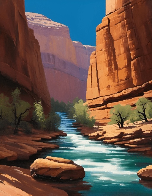 painting of a river running through a canyon with a mountain in the background