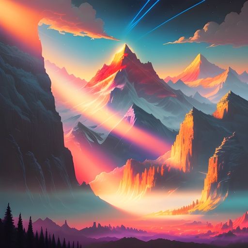 mountains with a rainbow colored sky and a shooting star