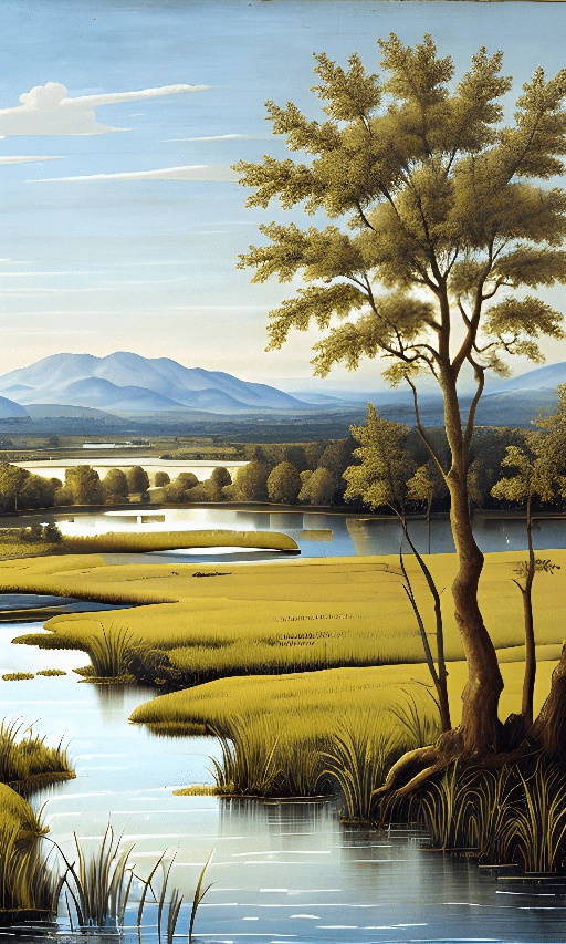 painting of a river with a tree and a mountain in the background