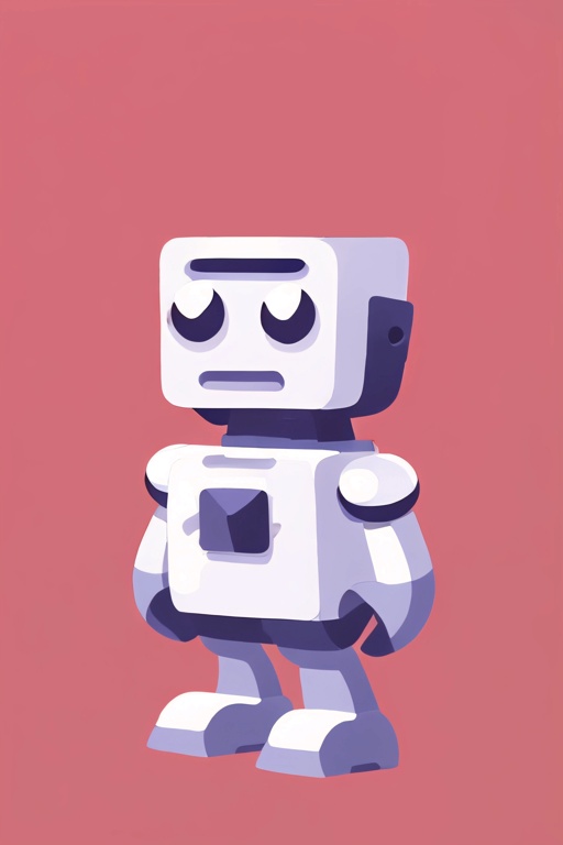 a robot with eyes and a nose standing in front of a pink background