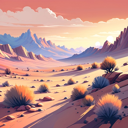 a desert scene with a mountain in the background